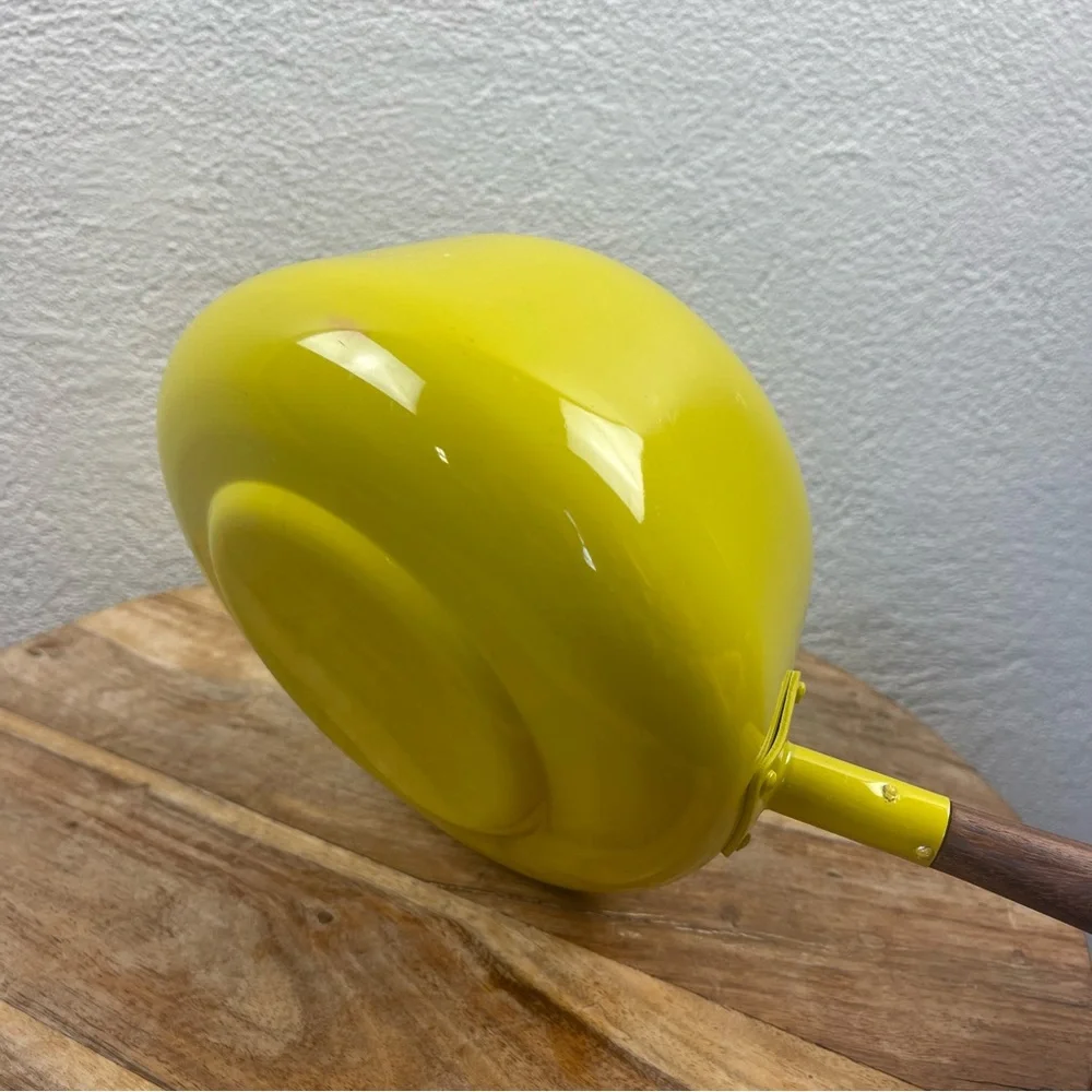 Vintage l 60s MCM Chartreuse Enameled Aluminum Walnut Handle Fondue Melting Pot